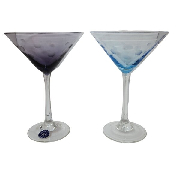 2 Block Basics Circle Cocktail Martini Glasses Set Purple Blue Polka Dot READ - Picture 1 of 7